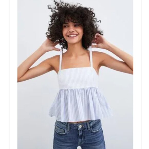New Zara Blue and White Striped Open-Back Cropped Tank Top - Picture 6 of 16